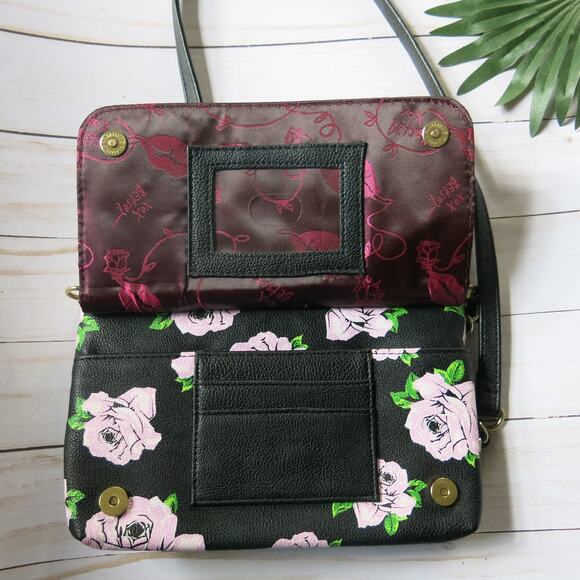 BETSEY JOHNSON Mini Cross Body Purse Wallet Bag Black/Roses Chain Strap - Picture 7 of 12